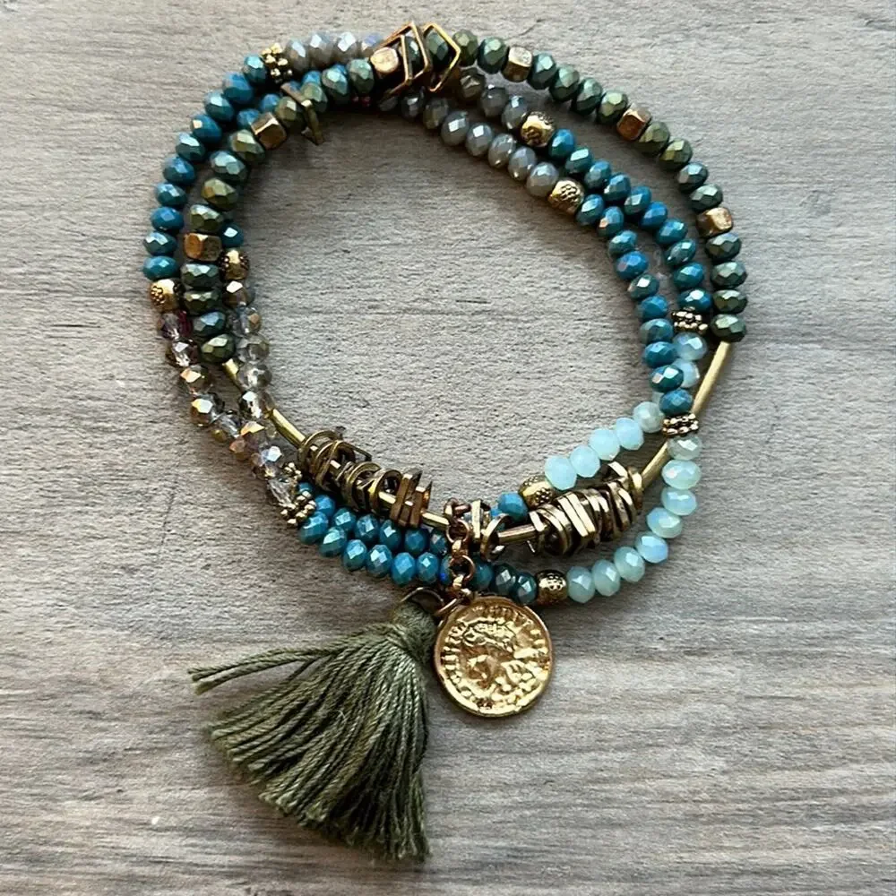 Bohemian Tasseled Charm Bracelet Teal Brown Gold Coin Fashion Costume Boho